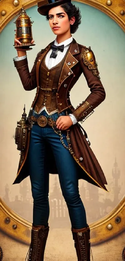 Steampunk adventurer in ornate Victorian costume with gear background.