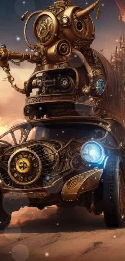 Steampunk car in a fantasy landscape with intricate details and a copper-toned sky.