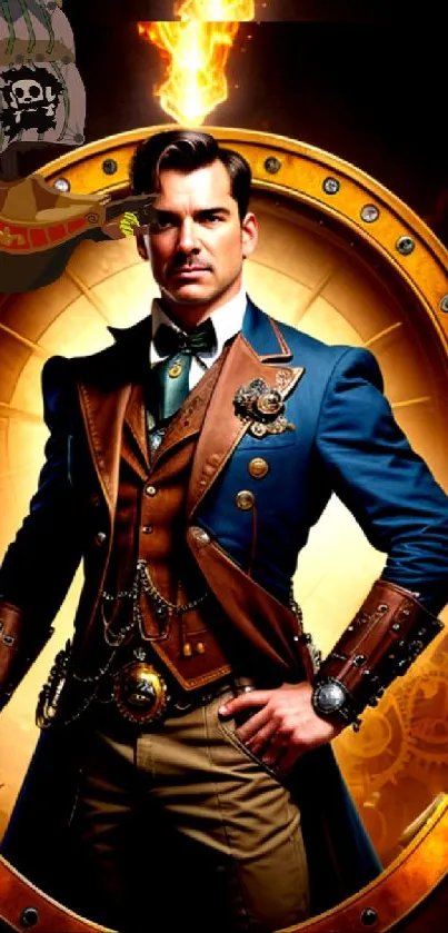 Steampunk character in elegant attire, surrounded by gears.