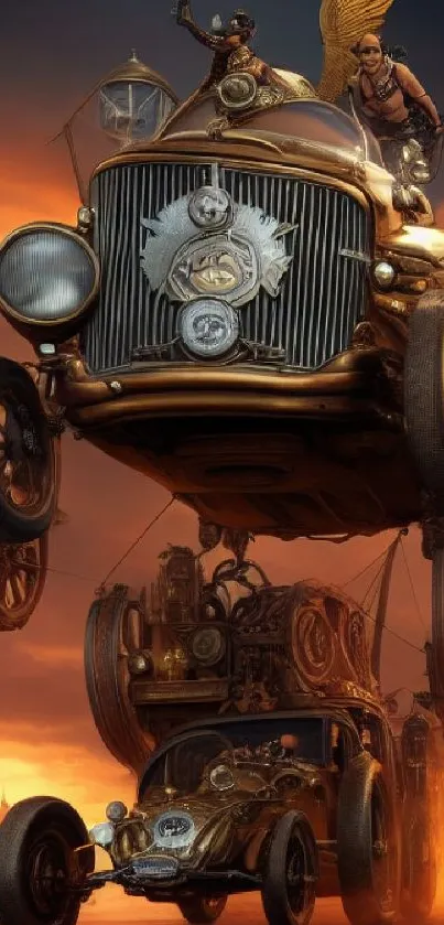 Steampunk fantasy scene with flying vehicles and a fiery sky.