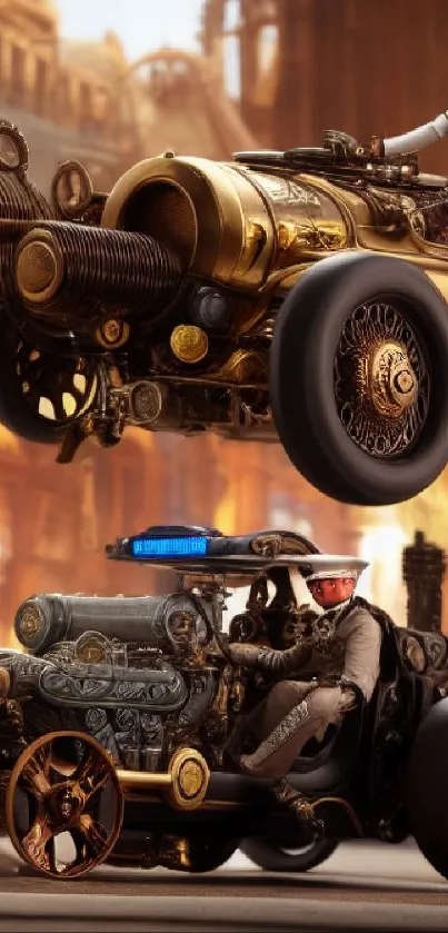 Steampunk vehicles in a fantastical setting with intricate details.