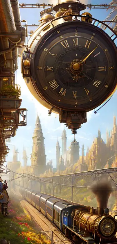 Steampunk city with train and large floating clock.