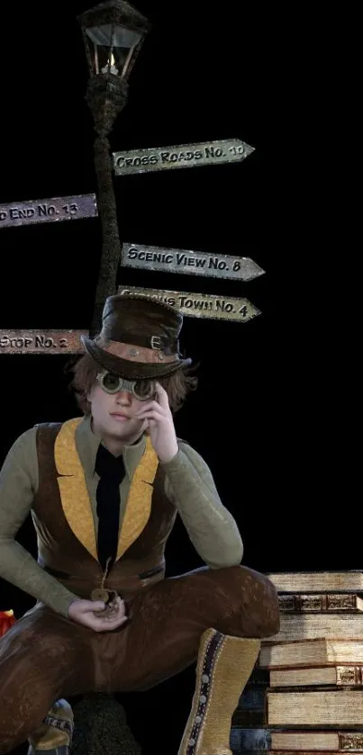 Steampunk character with books and signpost on black background.