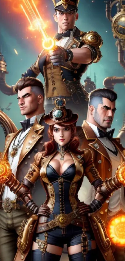 Steampunk heroes in a futuristic setting with glowing gear and machinery.