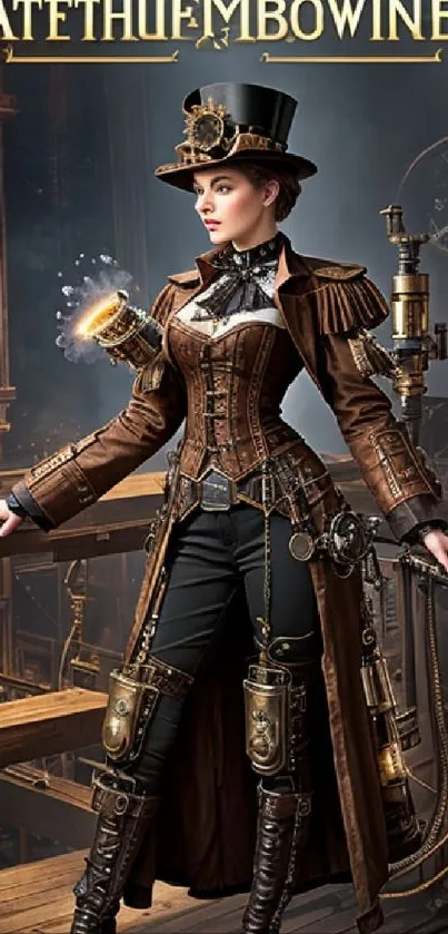 Steampunk character in vintage attire with gears and clockwork elements.