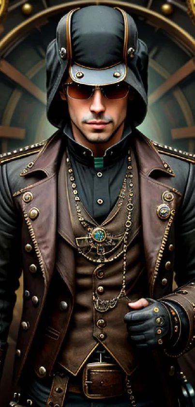 Steampunk adventurer in detailed gear with vintage style and dark leather accents.