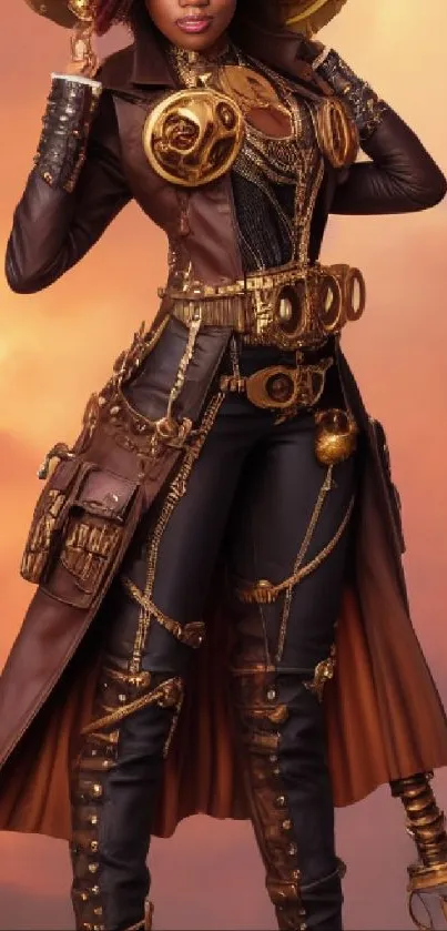 Steampunk adventurer in a leather outfit with bronze and gold accents.