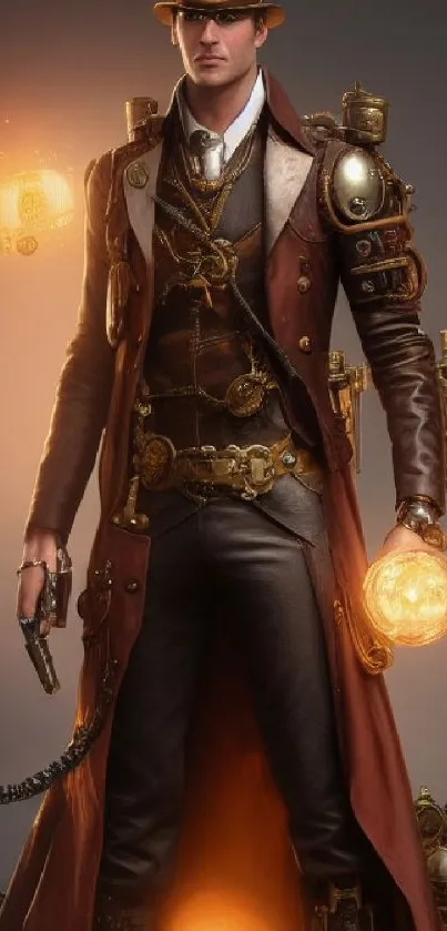 Steampunk adventurer with glowing gadgets in vintage attire.