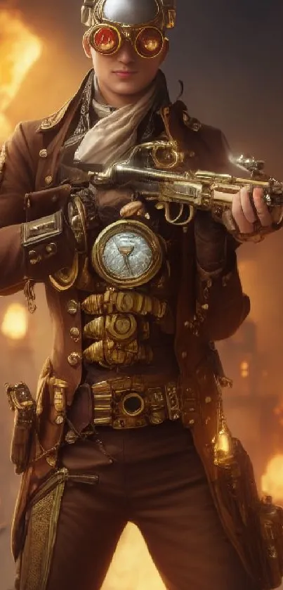 Steampunk adventurer with fiery backdrop.