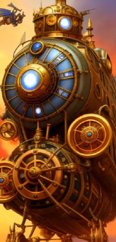 Steampunk airship soaring in fiery sky, vivid colors.