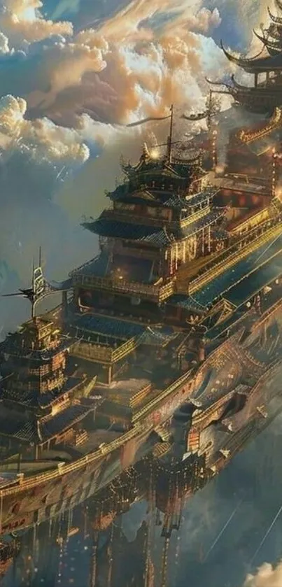 Intricate steampunk airship soaring through clouds in surreal fantasy setting.