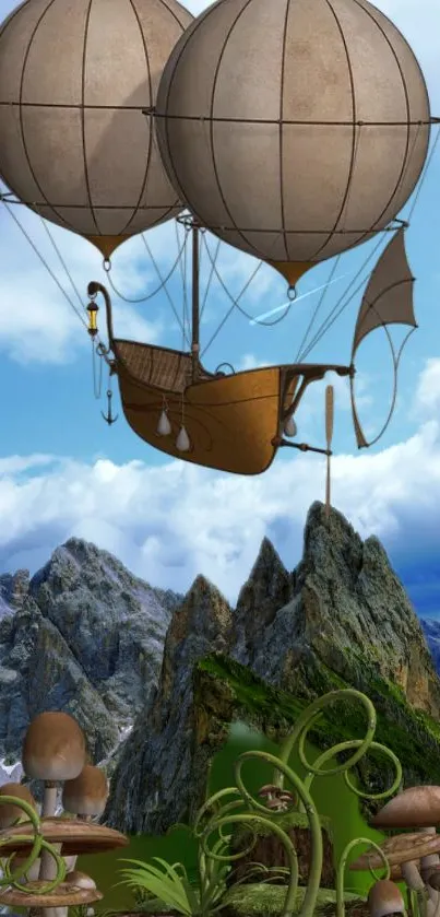 Steampunk airship over mountains in a fantasy setting.