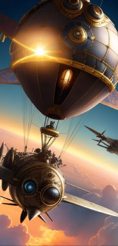 Steampunk airships flying above sunset clouds, vibrant artwork.