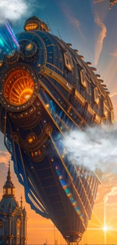 Steampunk airship at sunset in vibrant hues.