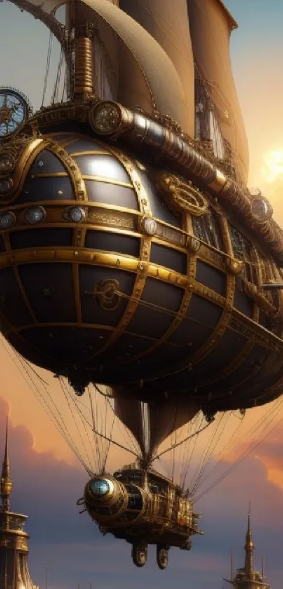 Steampunk airship against a sunset sky with vintage design elements.