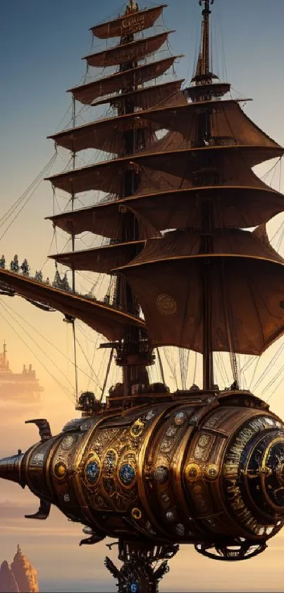 A magnificent steampunk airship flying through a fantasy landscape at sunset.