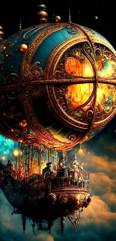 Steampunk airship floating in the clouds, featuring intricate golden designs.