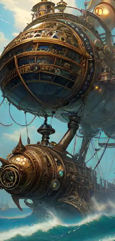 Steampunk airship sailing through a vibrant sky with intricate brass details.