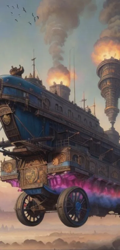 Steampunk airship flying through a mystical sky with smoke and intricate details.