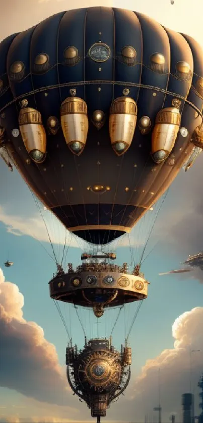 Steampunk airship soaring through clouds with intricate design.