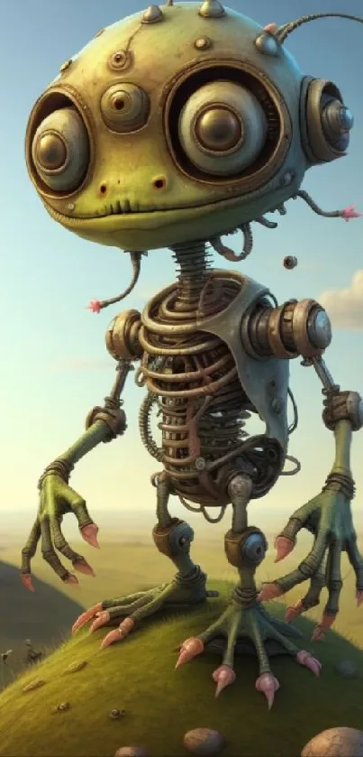 Steampunk alien robot standing on grassy hill in surreal landscape.