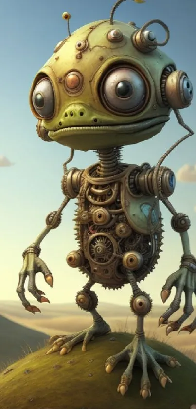 Steampunk alien robot with gears in a desert setting.