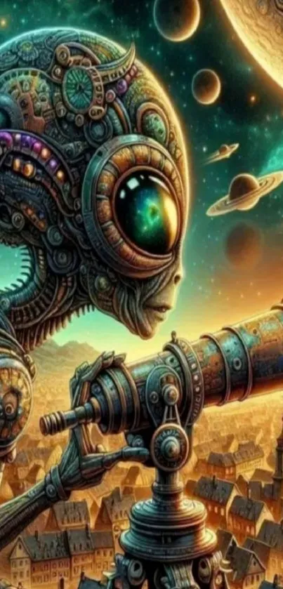 Steampunk alien with telescope in space-themed cityscape.