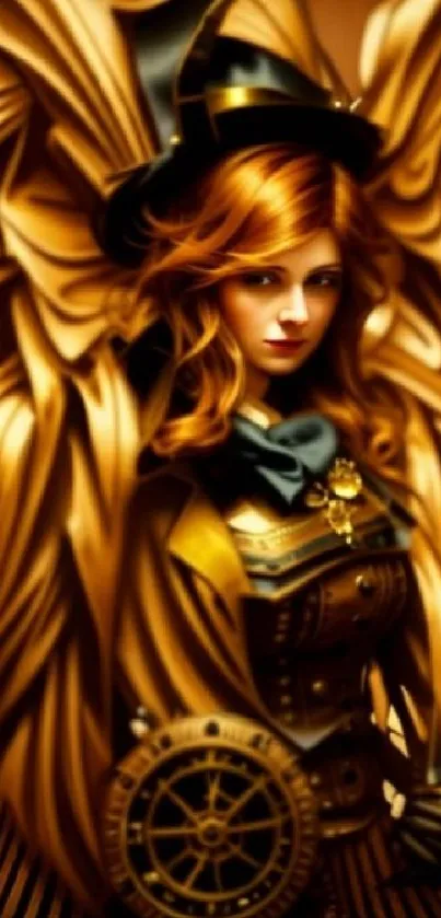 Steampunk angel with golden wings and red hair in a fantasy art wallpaper.