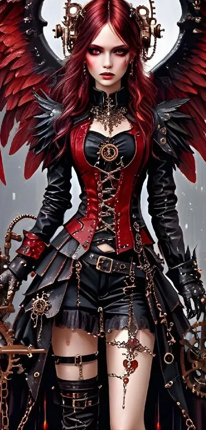 Steampunk angel with red wings and intricate gears, fantasy art wallpaper.