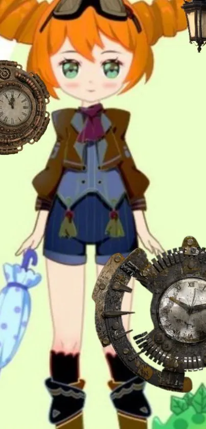 Steampunk anime character with clocks and umbrella.