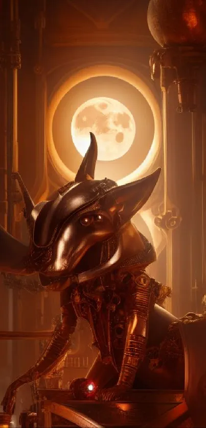 Steampunk Anubis with glowing moon background.