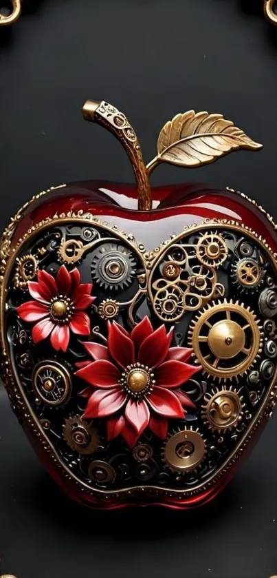 Steampunk apple design with gears and red flowers, framed elegantly.