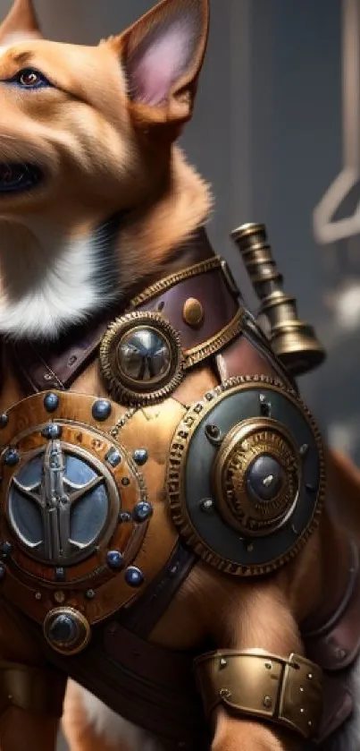 Steampunk dog in intricate armor, perfect mobile wallpaper