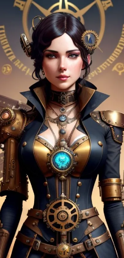 Steampunk-themed character with intricate mechanical design on mobile wallpaper.