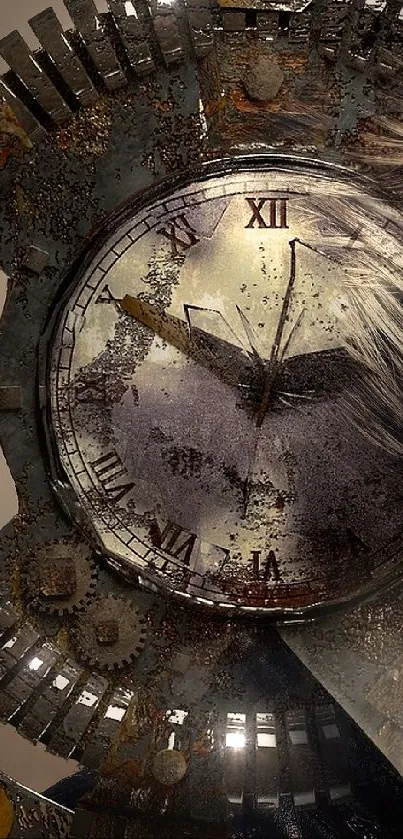 Steampunk-inspired art with clock and surreal face design.