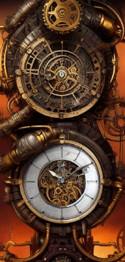 Steampunk clock wallpaper with fiery orange background.