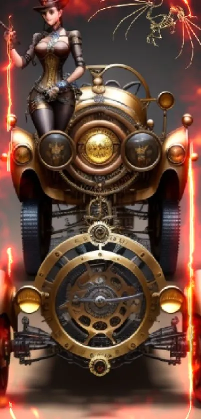 Steampunk car with detailed art deco style and a vintage design.