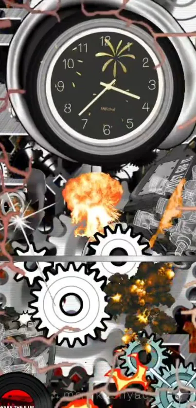 Steampunk clock with gears and explosions on wallpaper.