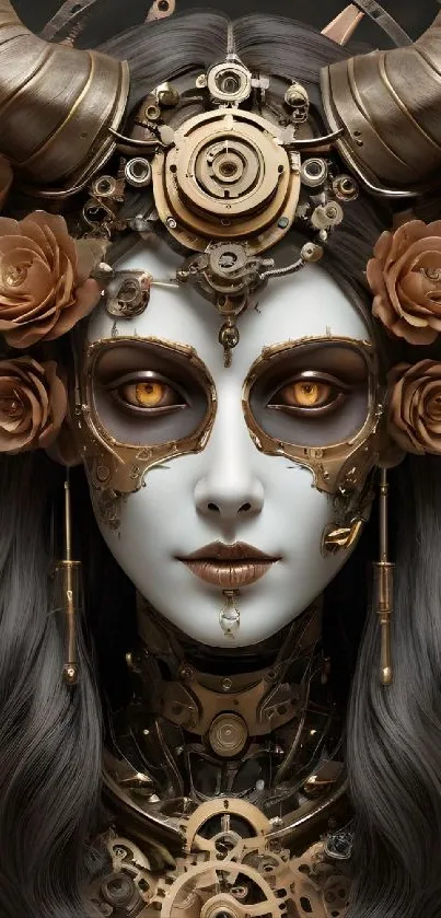 Steampunk goddess with gears and roses in fantasy art style.
