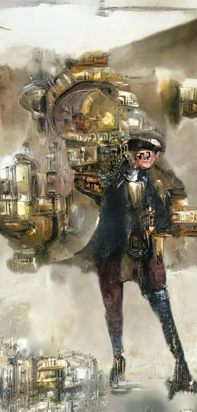 Steampunk-themed mobile wallpaper with a mysterious figure.