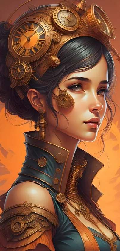 Steampunk woman with clockwork gear in ornate orange design.