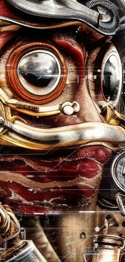 Steampunk frog art wallpaper with gears and metallic elements.