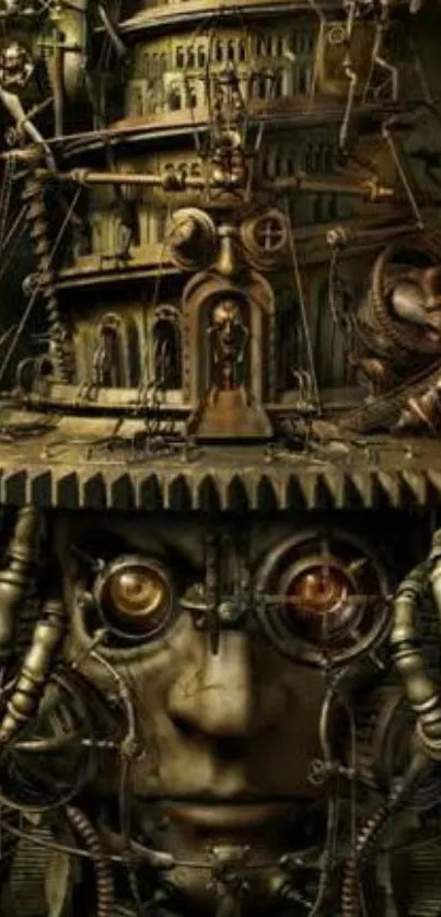 Steampunk wallpaper with a mechanical face and intricate gears.