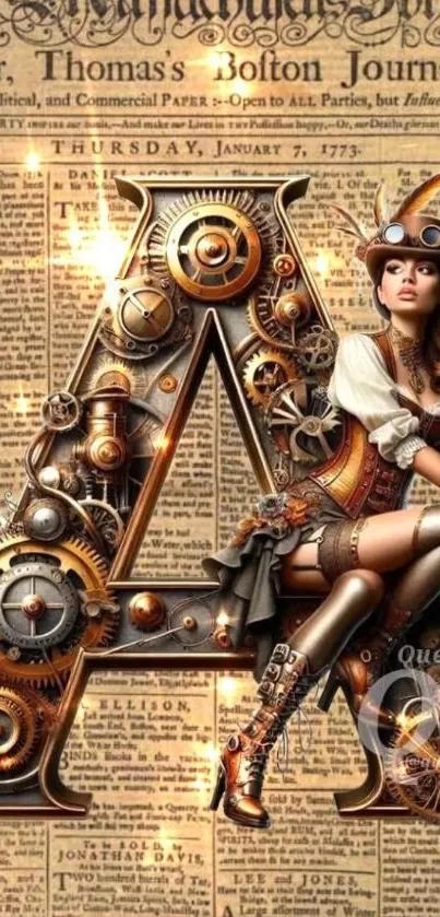 Steampunk woman with clockwork gear motif on vintage paper background.