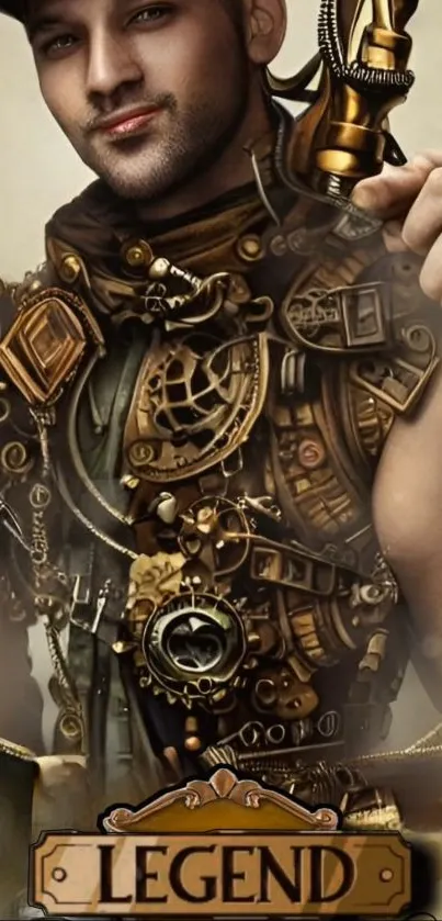 Steampunk art wallpaper with gears and intricate design featuring a legend theme.