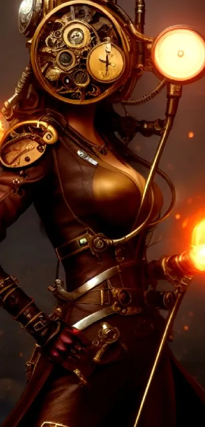 Steampunk themed art with a fiery female character in orange and brown tones.