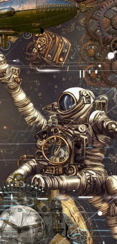 Steampunk astronaut surrounded by intricate gears.