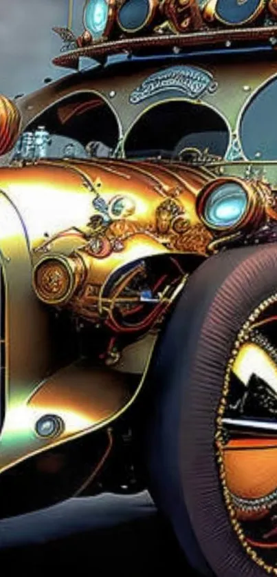 Steampunk designed car with intricate details and bronze hues.