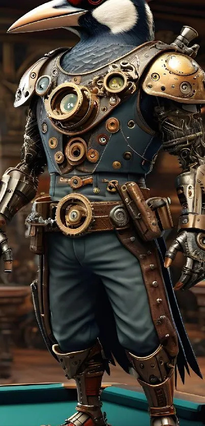 Steampunk bird warrior with mechanical armor in a vintage setting.