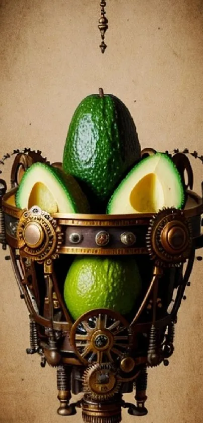 Steampunk avocados in a gear-inspired design with a vintage brown backdrop.